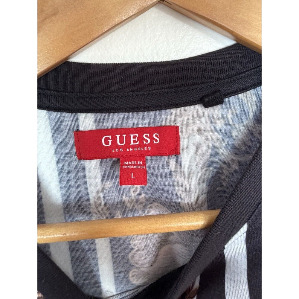 Guess Baroque Floral Striped T-Shirt Black Brown Size Large - Picture 5 of 10
